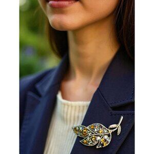 Vintage Signed Coro Rhinestone Leaf Brooch – Gold Tone, Autumn Colors, 3”